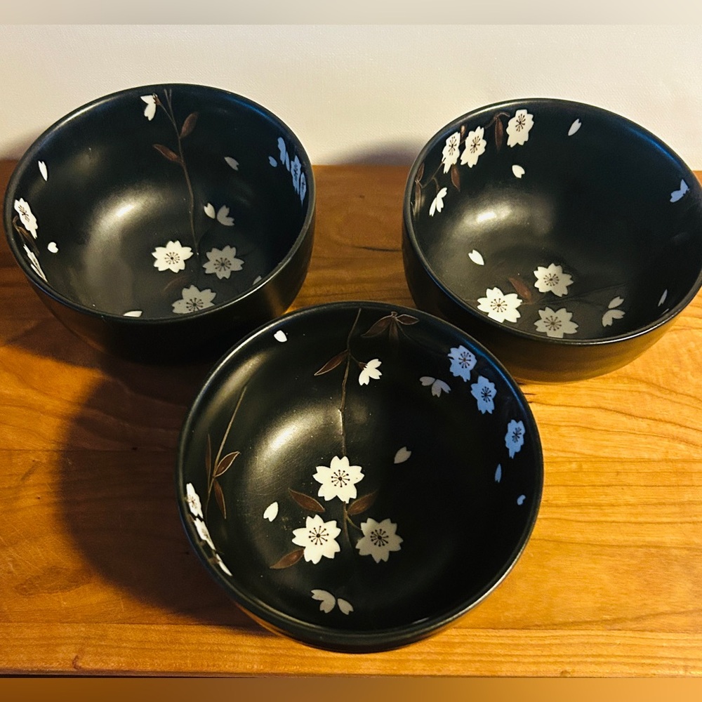 KAFUH JAPAN Stoneware Cherry Blossom Design Black 5” Bowls SET OF 3